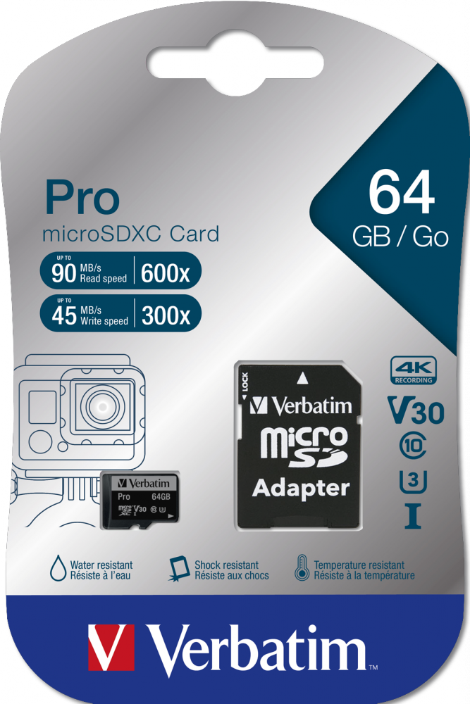 Carte mémoire Micro SD Verbatim Pro U3 - 64Go avec adaptateur - 4K V30
